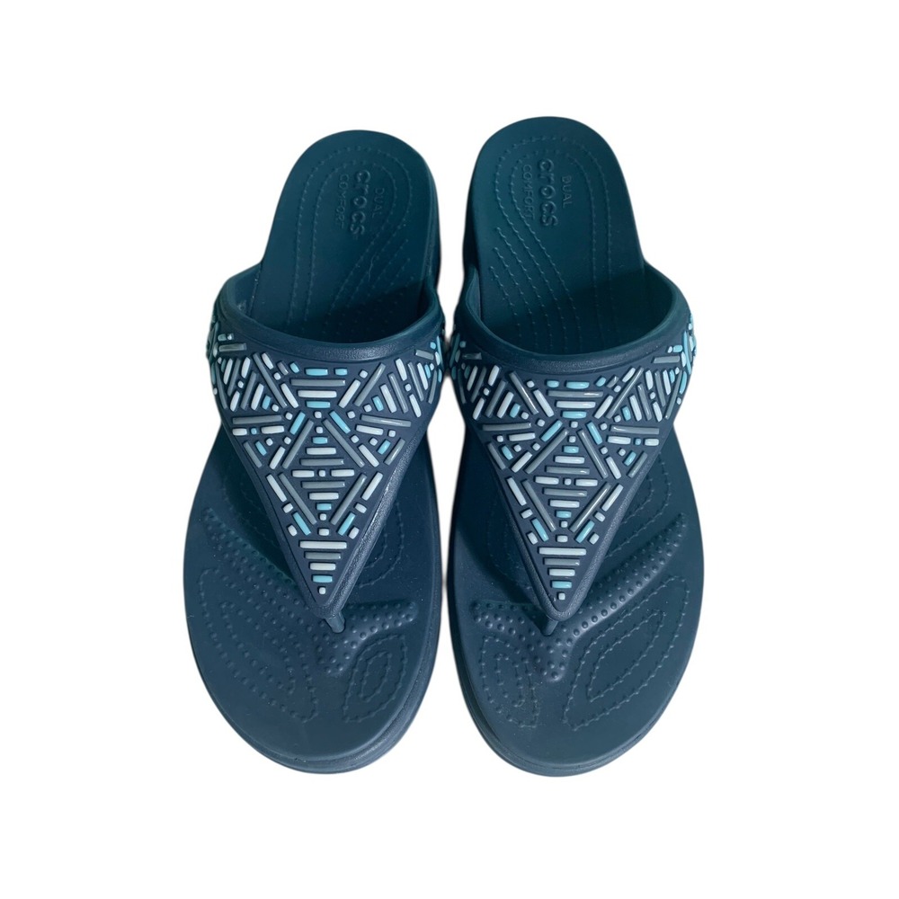 Crocs Wedge Sandals Womens 11 Blue Monterey Diamante Flip Flops Thong Beaded